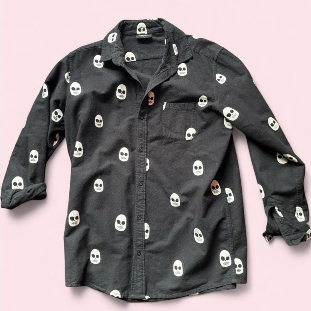 Black Skull Print Button-Up Shirt for Kids